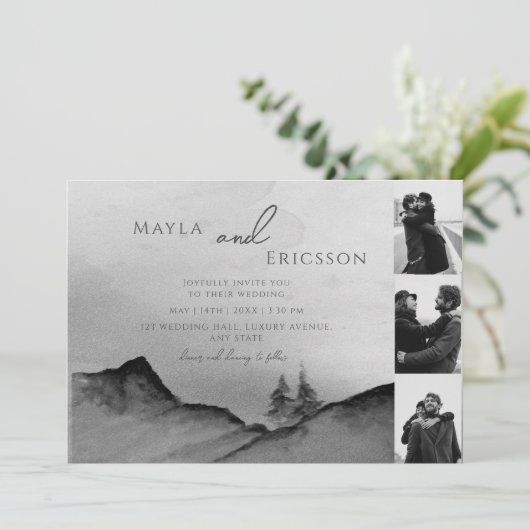 白黒山松の木3枚結婚の写真 招待状 (スタンド正面)