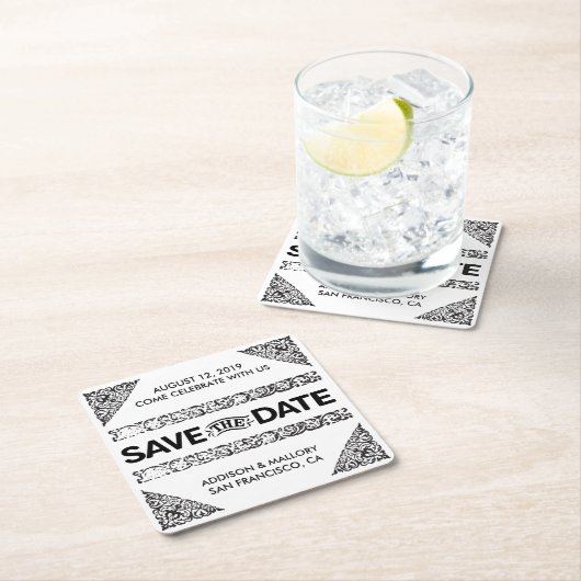 白黒崇拝された保存日付のコースター スクエアペーパーコースター (インサイチュ)