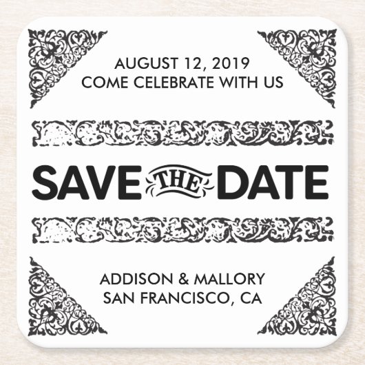 白黒崇拝された保存日付のコースター スクエアペーパーコースター (正面)