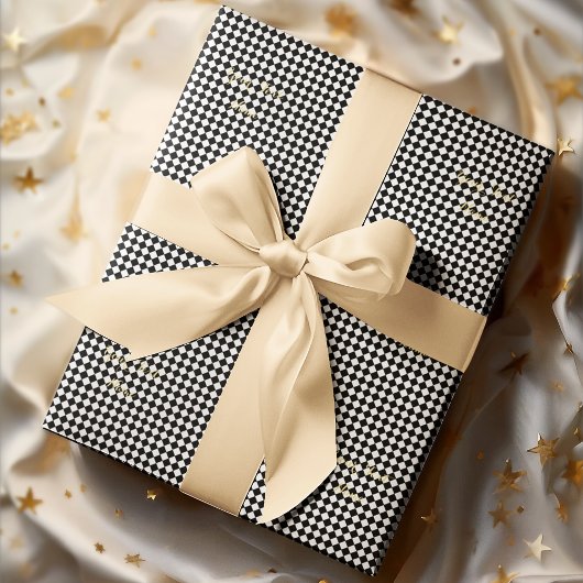 白黒市松模様にカスタム金ゴールドフェイク文字 ラッピングペーパー