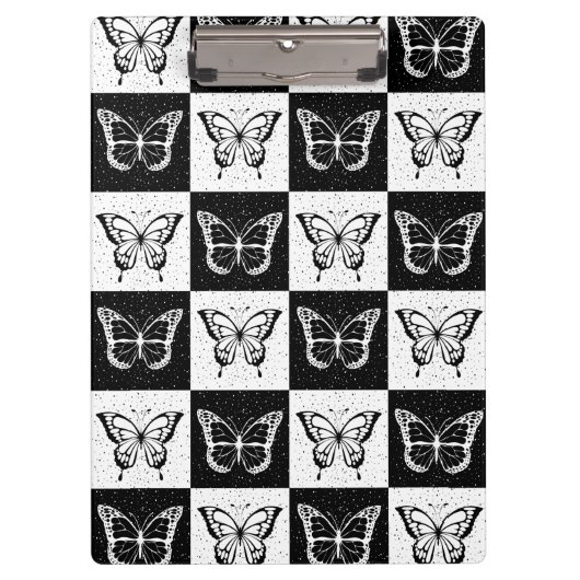 白黒市松模様にバタフライデザイン クリップボード (正面)