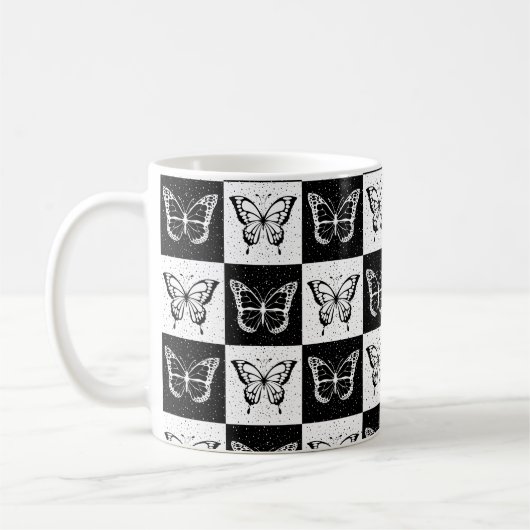白黒市松模様にバタフライデザイン コーヒーマグカップ (左)