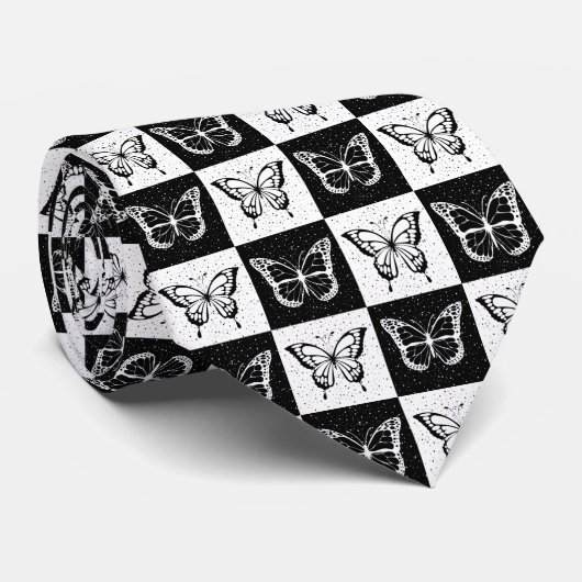 白黒市松模様にバタフライデザイン ネクタイ (ロール)