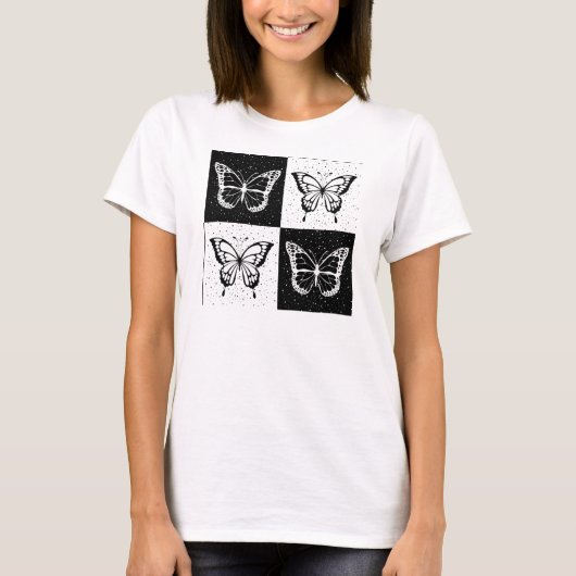 白黒市松模様にバタフライデザイン Tシャツ (正面)