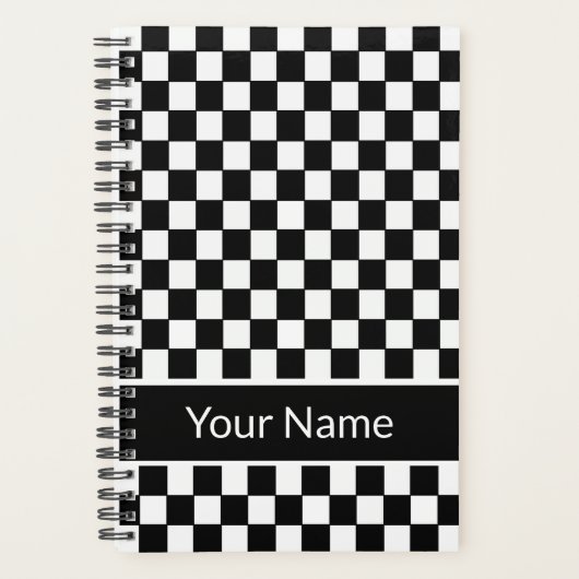 白黒市松模様にパタパーソナライズされたーン名 プランナー手帳 (正面)