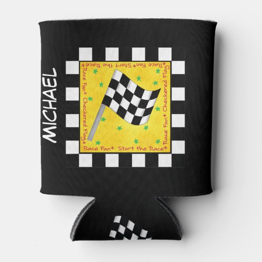 白黒市松模様にフラグの黄色い名前 缶クーラー (正面)