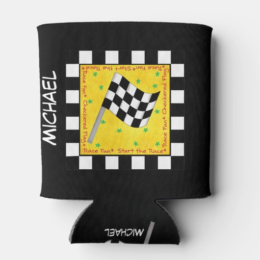 白黒市松模様にフラグの黄色い名前 缶クーラー (裏面)