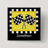 白黒市松模様にフラグの黄色の名前バッジ 缶バッジ (正面)