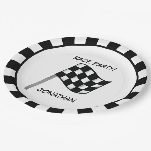 白黒市松模様にフラグパーティー名 ペーパープレート (アングル)