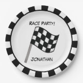 白黒市松模様にフラグパーティー名 ペーパープレート (正面)