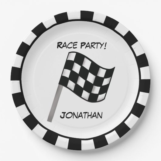 白黒市松模様にフラグパーティー名 ペーパープレート (正面)