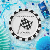 白黒市松模様にフラグ名パーソナライズされた ペーパープレート (パーティー)