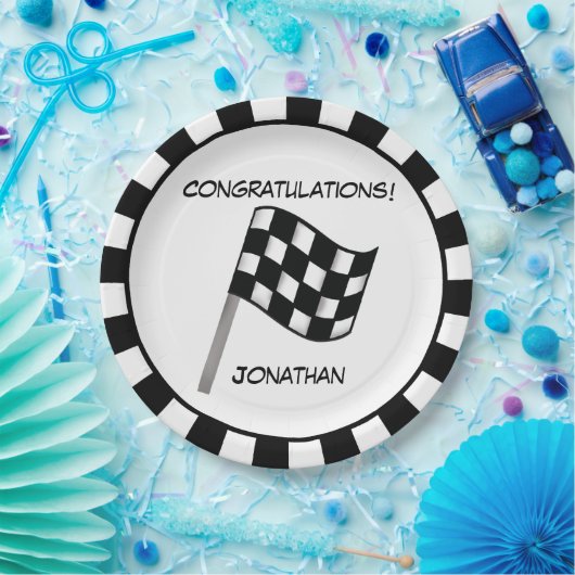 白黒市松模様にフラグ名パーソナライズされた ペーパープレート (パーティー)