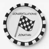 白黒市松模様にフラグ名パーソナライズされた ペーパープレート (正面)