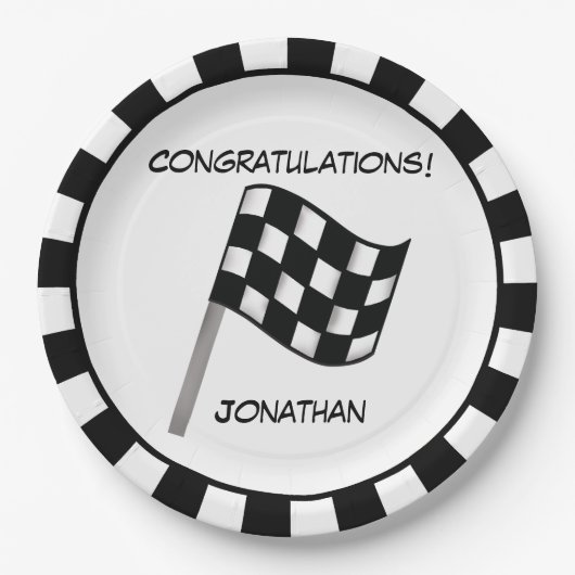 白黒市松模様にフラグ名パーソナライズされた ペーパープレート (正面)