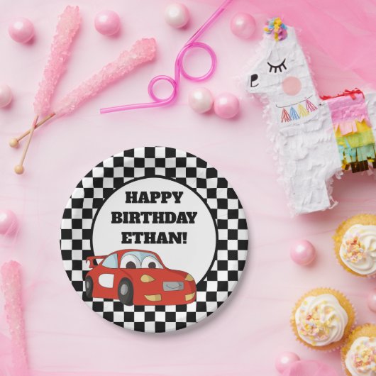白黒市松模様にレッドレースカー誕生日パーティー ペーパープレート (パーティー)