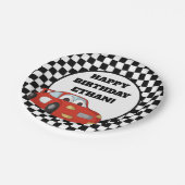 白黒市松模様にレッドレースカー誕生日パーティー ペーパープレート (アングル)