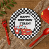 白黒市松模様にレッドレースカー誕生日パーティー ペーパープレート