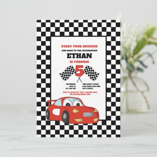 白黒市松模様にレッドレースカー誕生日パーティー 招待状 (スタンド正面)