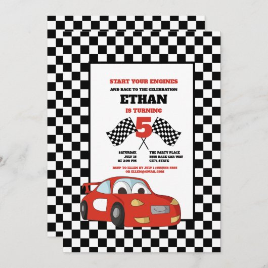 白黒市松模様にレッドレースカー誕生日パーティー 招待状 (正面/裏面)