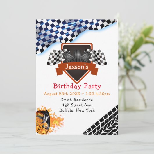 白黒市松模様にレースフラッグ誕生日パーティー 招待状 (スタンド正面)