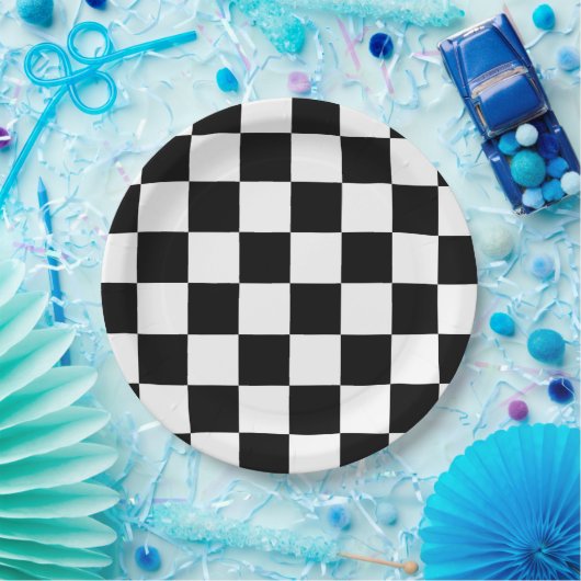 白黒市松模様にヴィンテージ車のアップシェリンプレート ペーパープレート (パーティー)