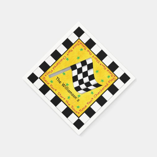 白黒市松模様に国旗なびくイエローレース スタンダードカクテルナプキン (角)