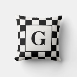 白黒市松模様に縁どモノグラム付きパターン クッション