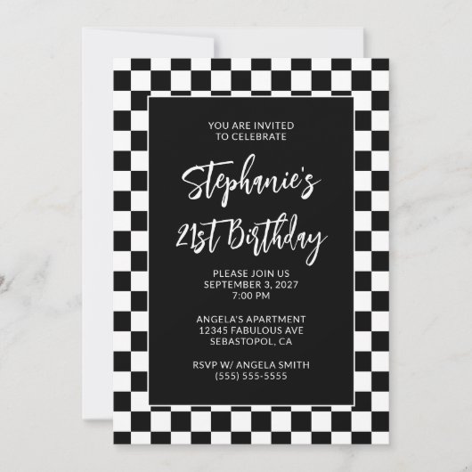 白黒市松模様に21はっきりした歳の誕生日 招待状 (正面)