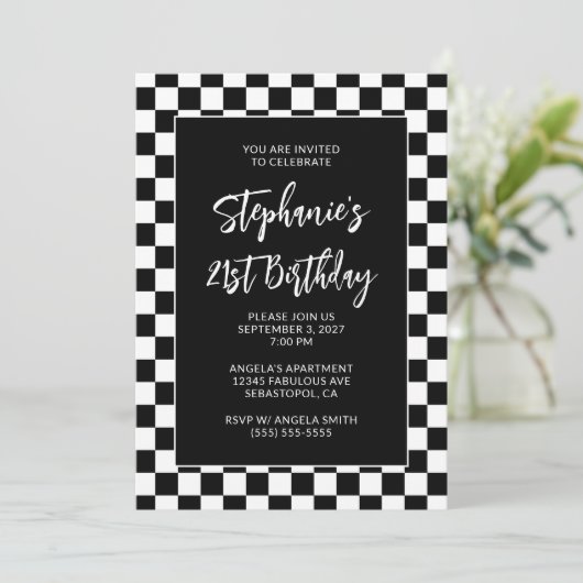 白黒市松模様に21はっきりした歳の誕生日 招待状 (スタンド正面)