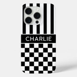 白黒市松模様ストライプ オリジナルデザイン iPhone 15 PROケース