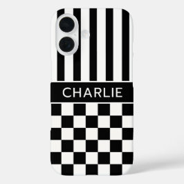 白黒市松模様ストライプ オリジナルデザイン iPhone 16ケース