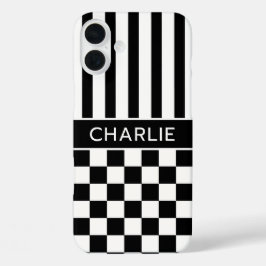 白黒市松模様ストライプ オーダーメイド iPhone 16 PLUSケース