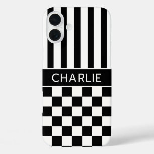 白黒市松模様ストライプ オーダーメイド iPhone 16 PLUSケース