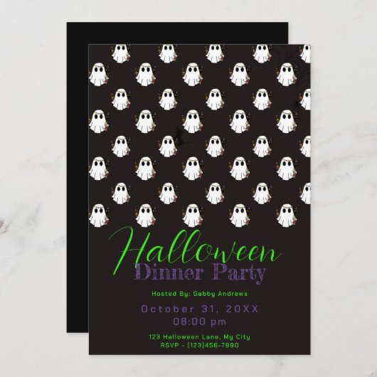 白黒幽霊ハロウィーンディナーパーティー 招待状 (正面/裏面)