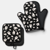 白黒幽霊パターンハロウィーン 鍋つかみ&鍋敷きセット (正面/裏面)