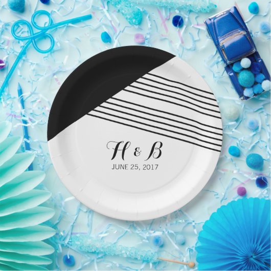 白黒幾何ストライプ紙プレート ペーパープレート (パーティー)