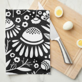 白黒幾何学的な花の台所タオル キッチンタオル (四つ折り)