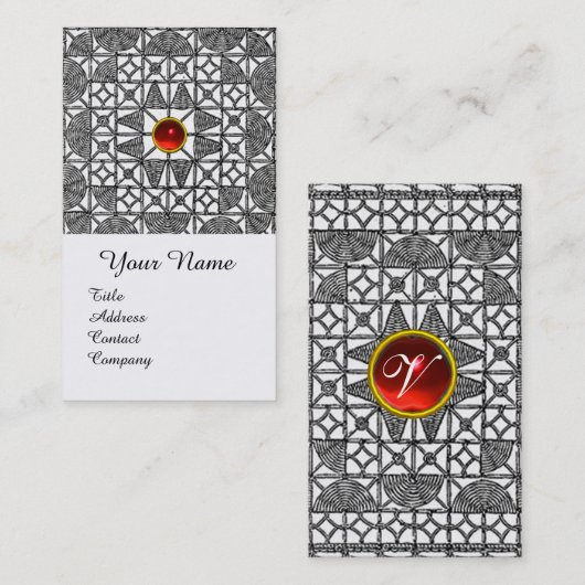 白黒幾何学的レースレッド宝石モノグラム 名刺 (正面/裏面)