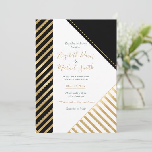 白黒幾何金ゴールドストライプモダンデザイン 招待状 (スタンド正面)