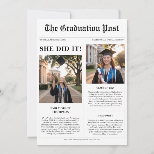 白黒彼女は新聞の卒業写真を撮った 招待状 (正面)