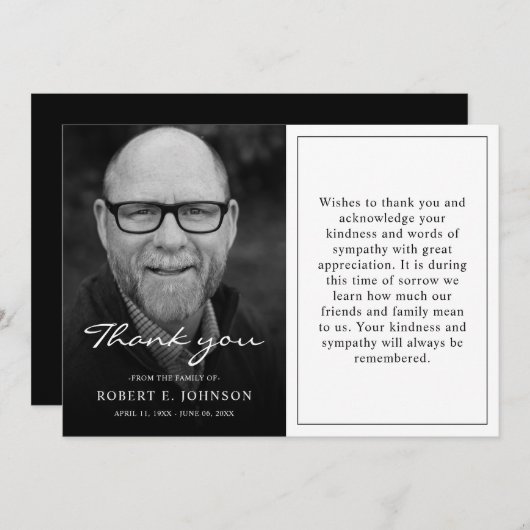 白黒悔やみや弔慰悲しみ損失葬儀写真 サンキューカード (正面/裏面)