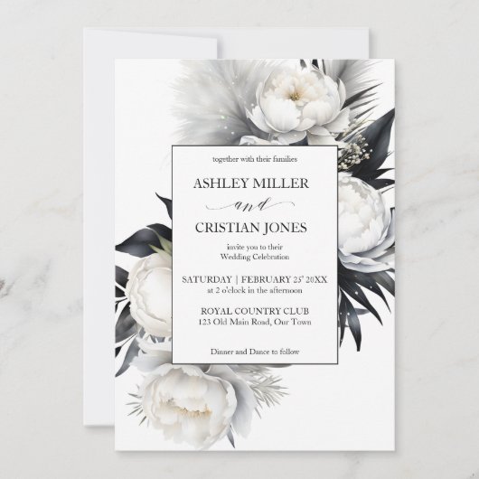 白黒房花エレガントな結婚式 招待状 (正面)