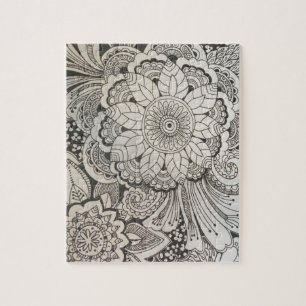 白黒手描きの花柄 ジグソーパズル
