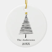 白黒手描きクリスマスツリーの苗字 セラミックオーナメント (正面)