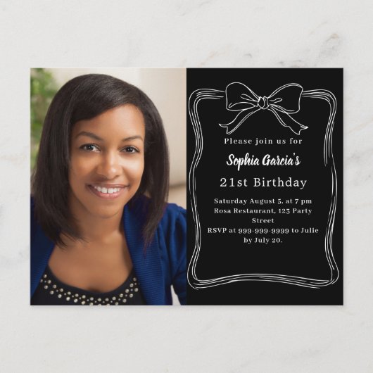 白黒手描きボウフォト誕生日 インビテーションポストカード (正面)