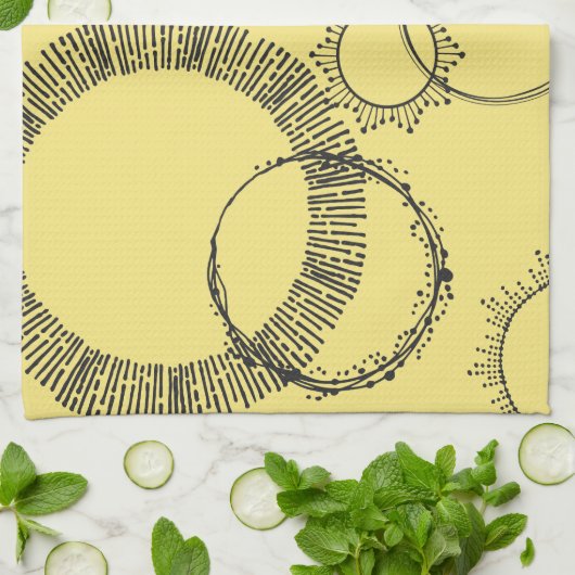 白黒手描き円線スターバスト キッチンタオル (折り畳み)