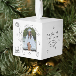 白黒手描き卒業写真ブロック キューブオーナメント