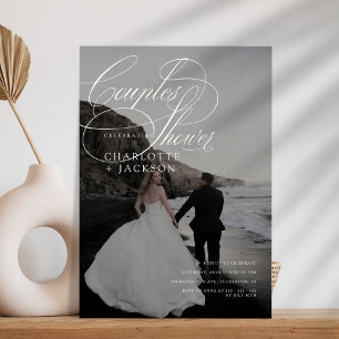 白黒手書きQRコードカップルのシャワー 招待状