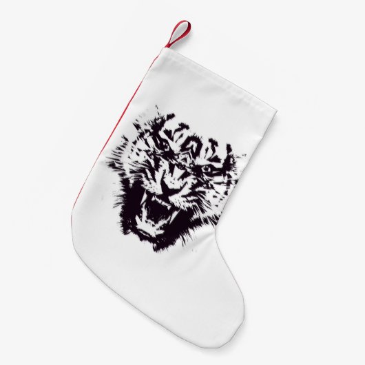 白黒抽象芸術によってぎざぎざに切られる怒っているトラ スモールクリスマスストッキング (正面 (吊り時))